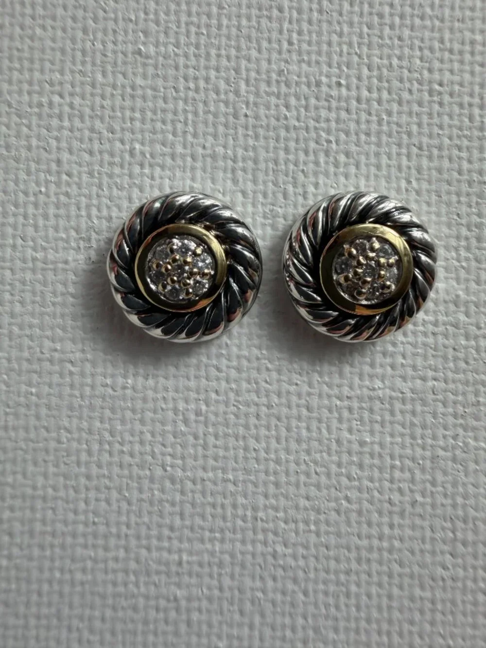 David Yurman Cable Cookie Diamond 18K Gold Sterling Silver Stud Earrings